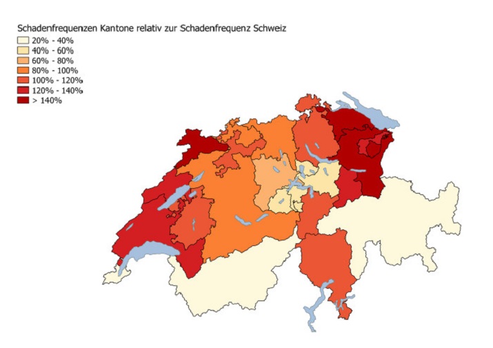 Datenquelle und Diagramm: AXA Winterthur. Die Karte zeigt die Schadenfrequenz (Anzahl gemeldeter Marderschäden / Anzahl versicherte Fahrzeuge im Kanton) für Marderschäden relativ zur Schadenfrequenz in der Schweiz. Lesebeispiel: Im Kanton Graubünden ist die Wahrscheinlichkeit für einen Marderschaden am Auto nur 20-40 Prozent so hoch wie im Schweizer Schnitt.