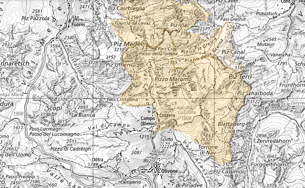 Mappa della riserva di caccia federale nei pressi del passo Lukmanier