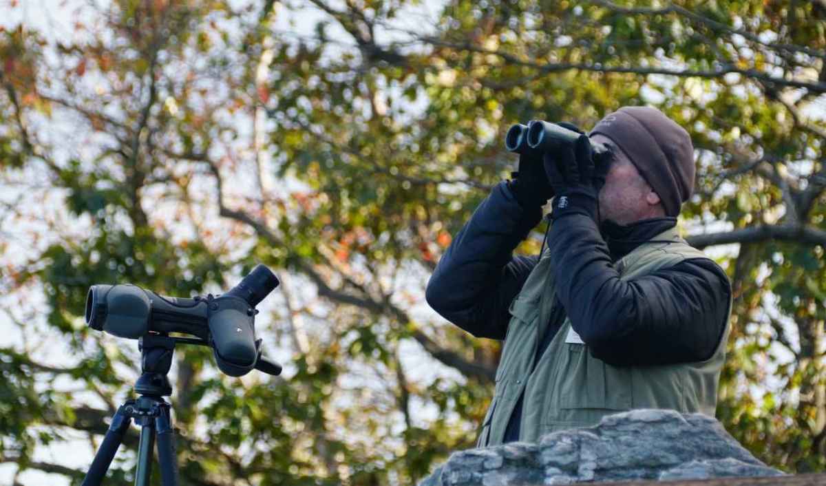 Ein Wildhüter, der die Hobby Jagd kontrolliert, und trotzdem zu ihr schaut