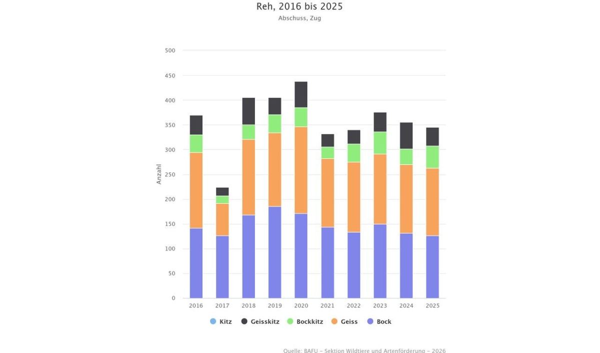 Balkendiagramm der Rehabschüsse im Kanton Zug 2016 bis 2025, aufgeteilt nach Bock, Geiss, Bockkitz und Geisskitz