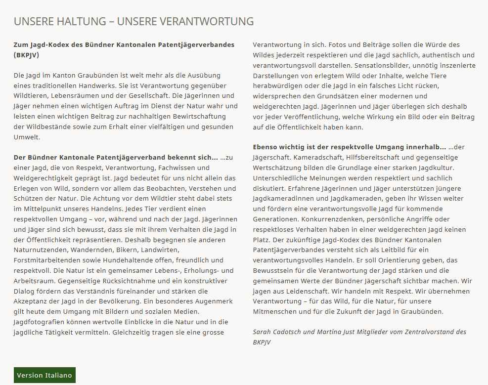 Jachtcode van de BKPJV «Onze houding, onze verantwoordelijkheid» op bkpjv.ch, ondertekend door Sarah Cadotsch en Martina Just