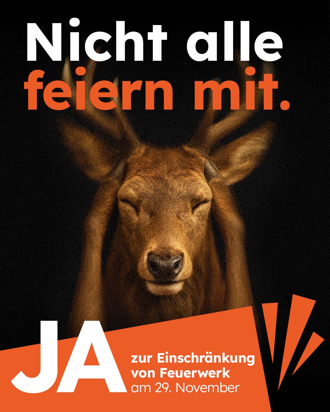 Kampagnenplakat: Ein Hirsch hält sich mit den Ohren die Augen zu. Text: Nicht alle feiern mit. Ja zur Einschränkung von Feuerwerk am 29. November